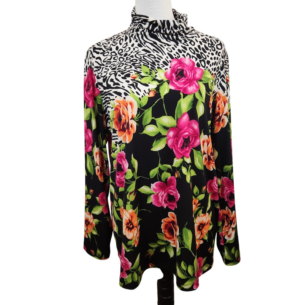 Susan Graver Womens XL Ruched Mock Neck Top‎ Floral Animal Print Flowy Blouse